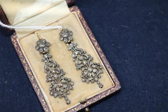 A pair of early 20th century Indian? yellow and white metal, rosecut diamond set drop earrings, 46mm.